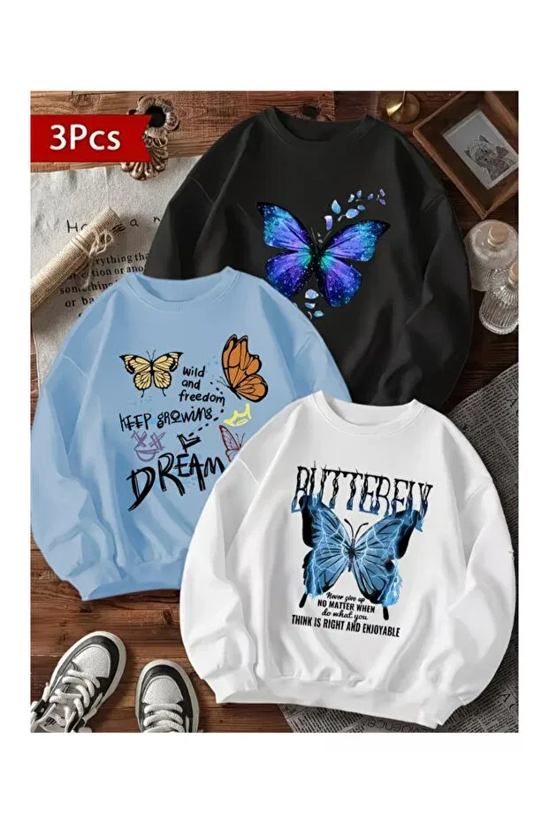 Детский комплект футболок с принтом Children'S Dream Butterfly Printed Nplstore, Black-White-Blue