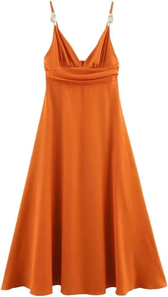 Женское платье миди на тонких бретелях с драпировкой, Orange