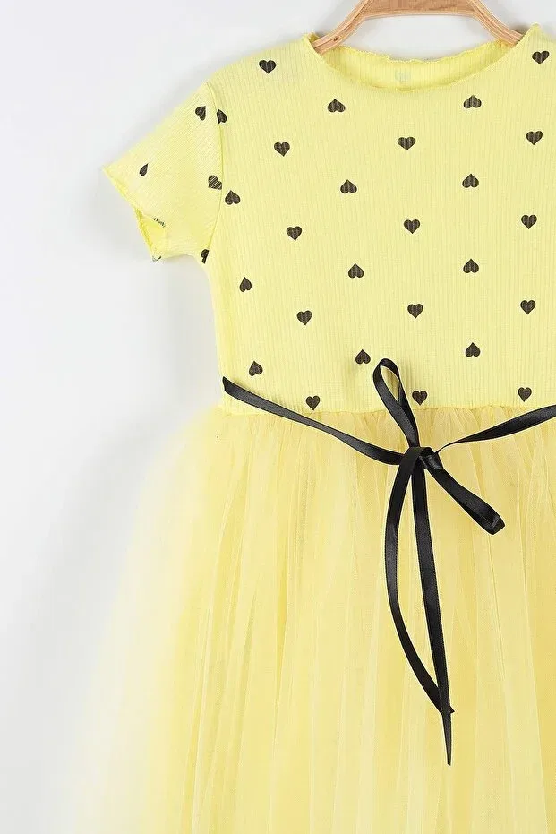 Детское платье для девочек с коротким рукавом из тюля Bam Bam Giyim, Heart Yellow — фото 3