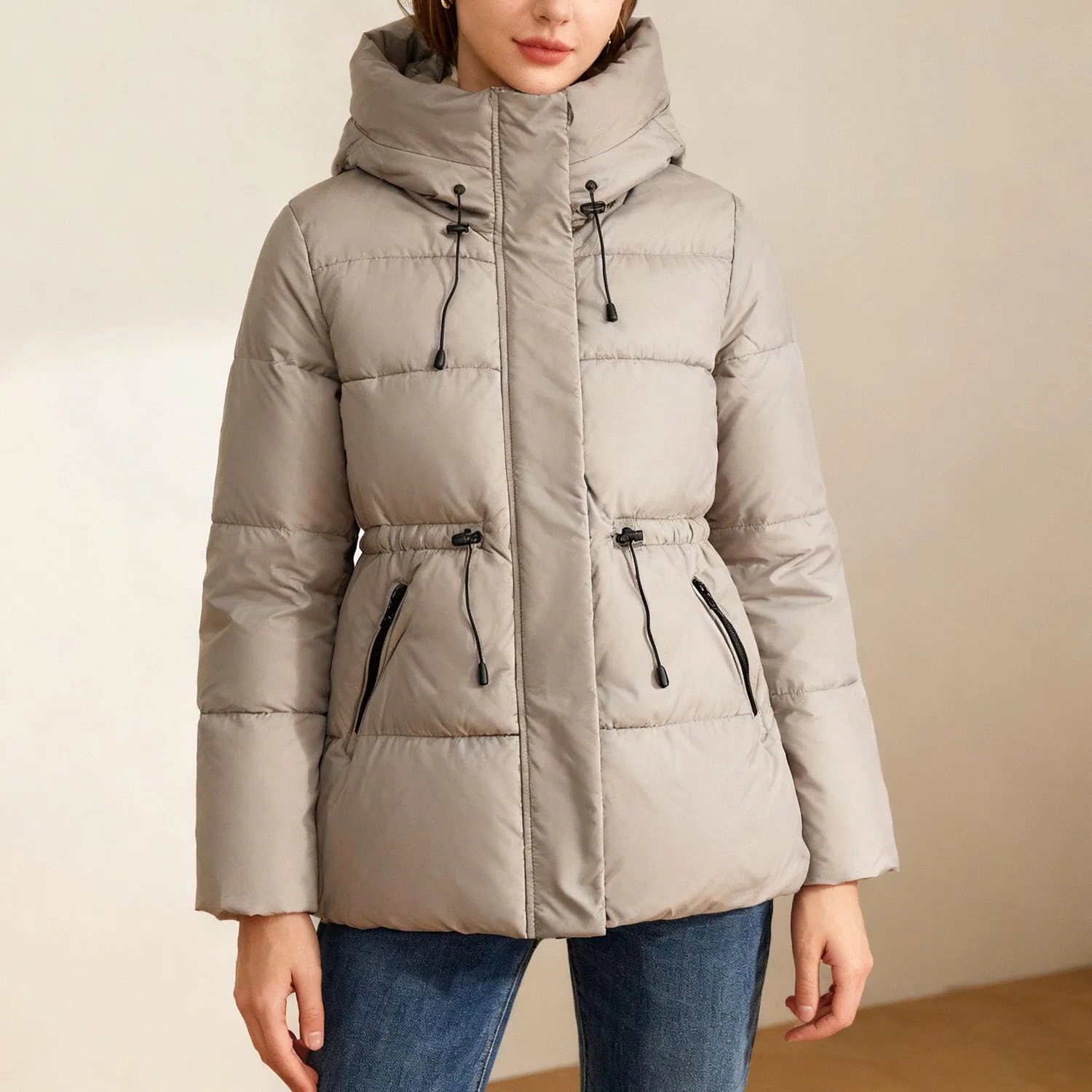 Женское зимнее пальто с капюшоном на молнии, dark khaki — фото 3