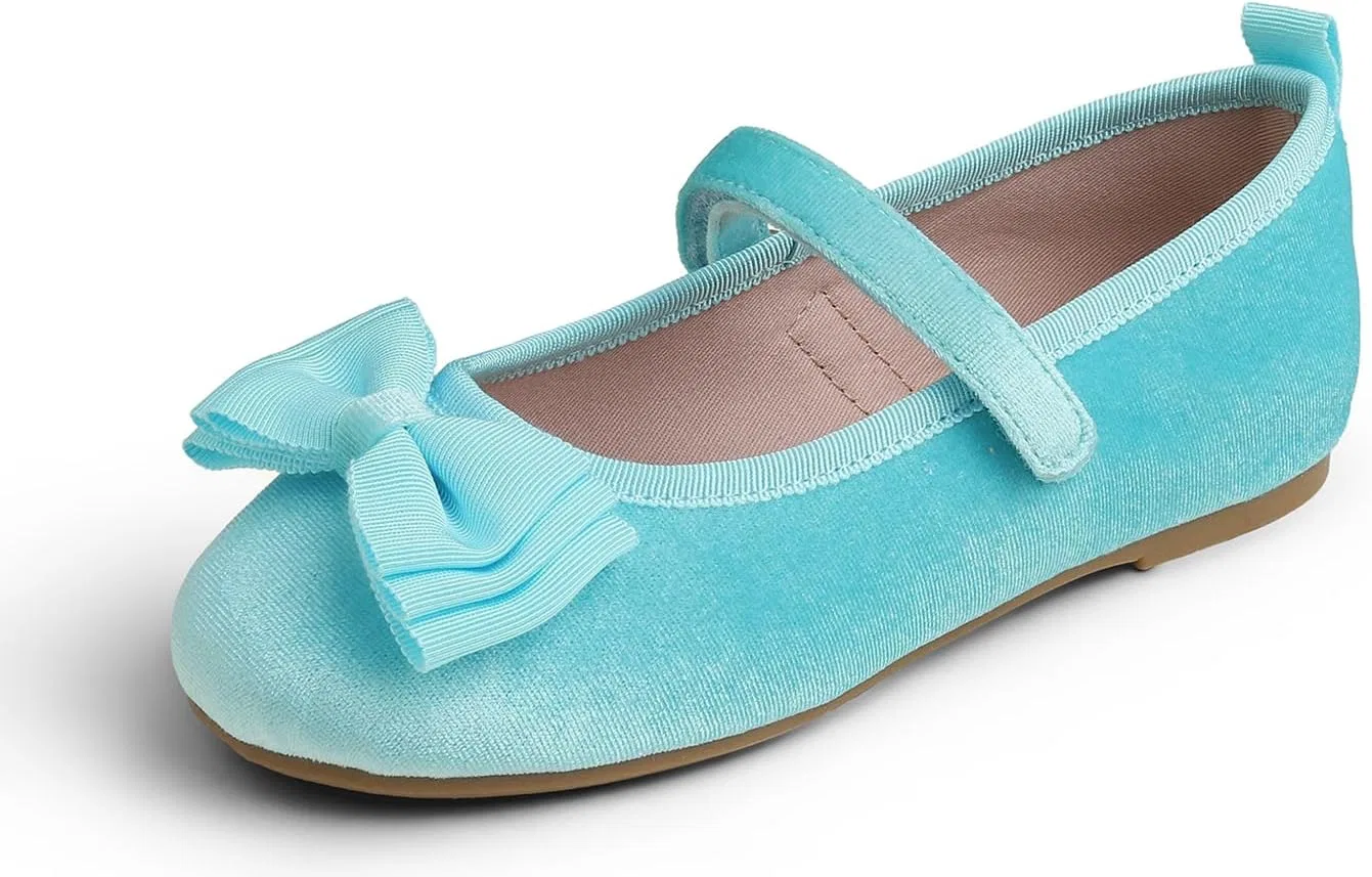 Детские балетки для девочек с бантом FEVERSOLE, Sky Blue Velvet Tri-Bow Maryjane