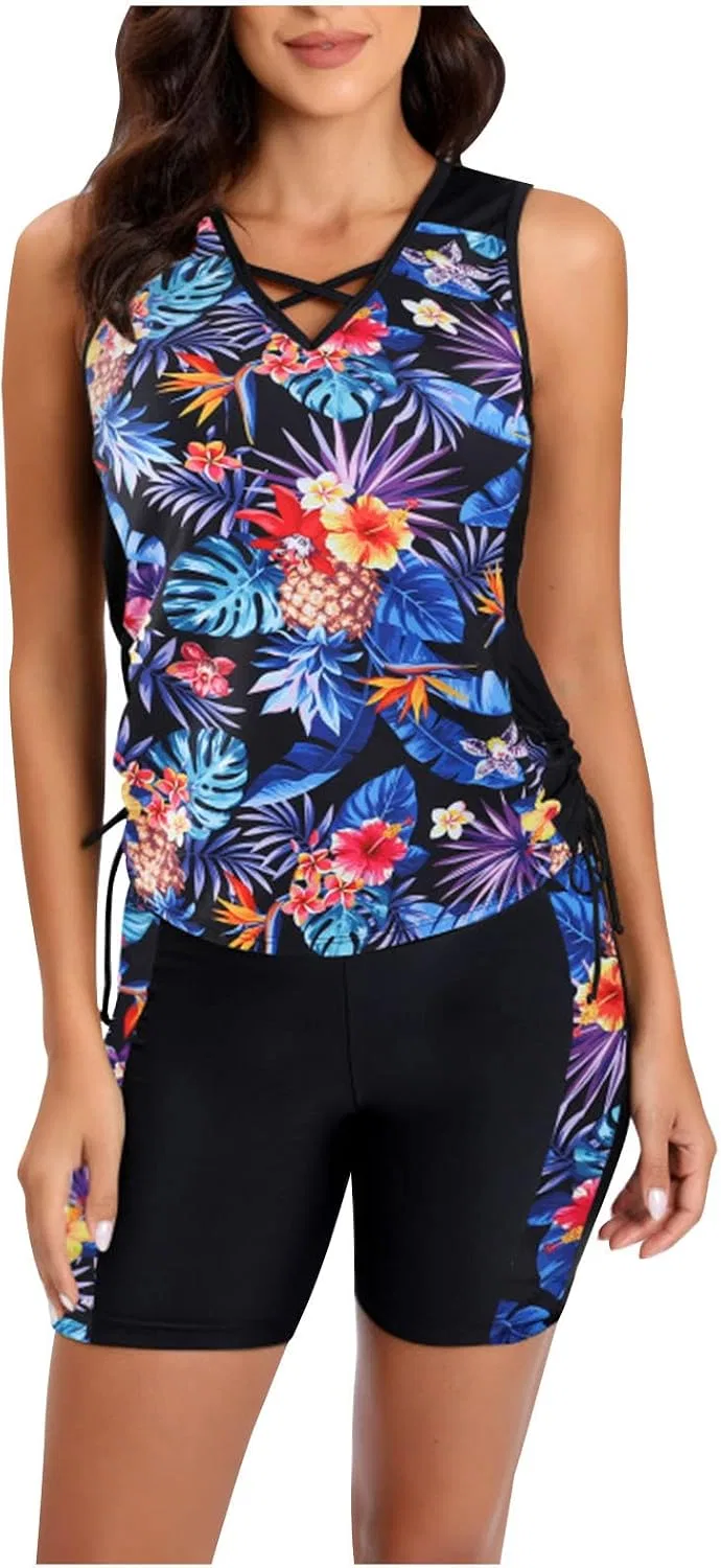 Женский танкини с контролем живота с шортами Athletic Crisscross, Blue