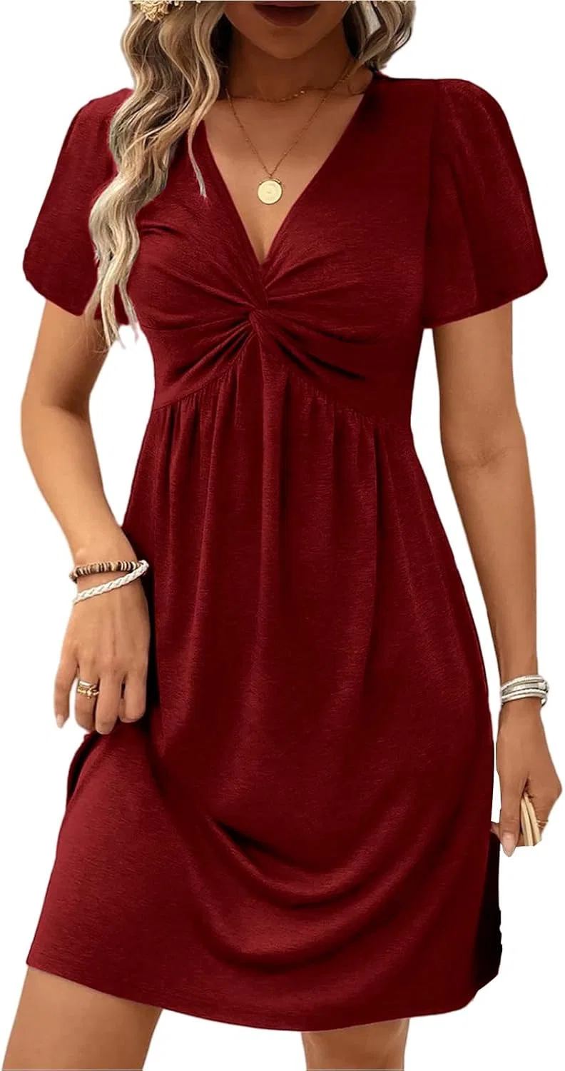 Женское летнее платье с twist front A-line V-образным вырезом, Red