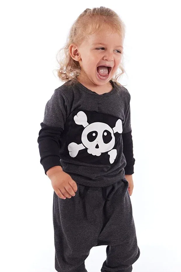 Детская футболка с длинным рукавом с принтом Baby Skull Patch Colorinas, Anthracite Melange — фото 3