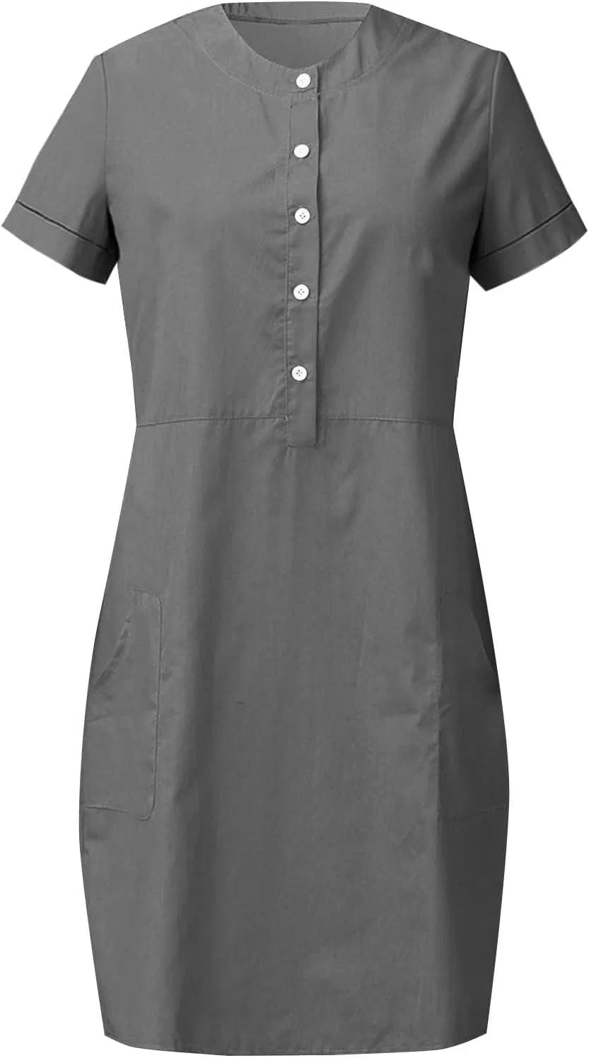 Женское летнее платье с коротким рукавом и пуговицами, Dark Gray-1 — фото 4