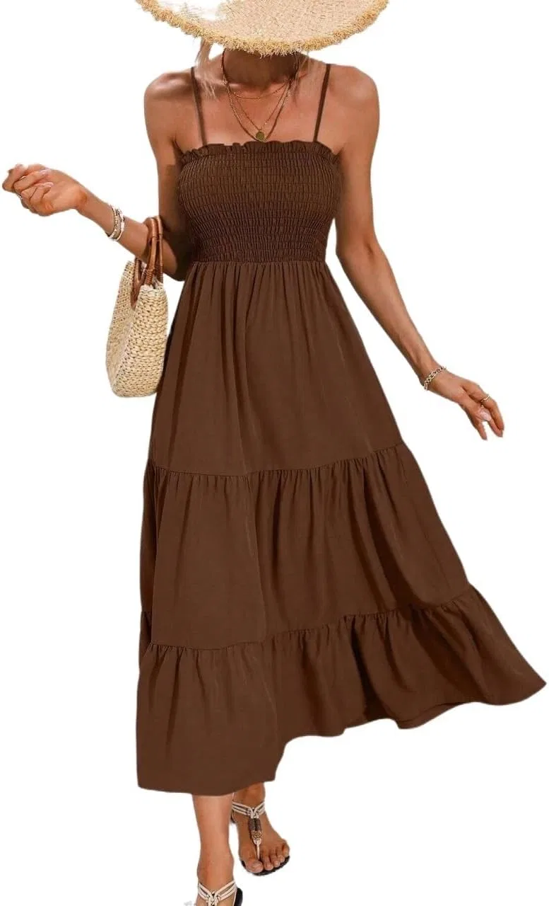 Женское макси-платье на бретелях с воланами Casual, Brown