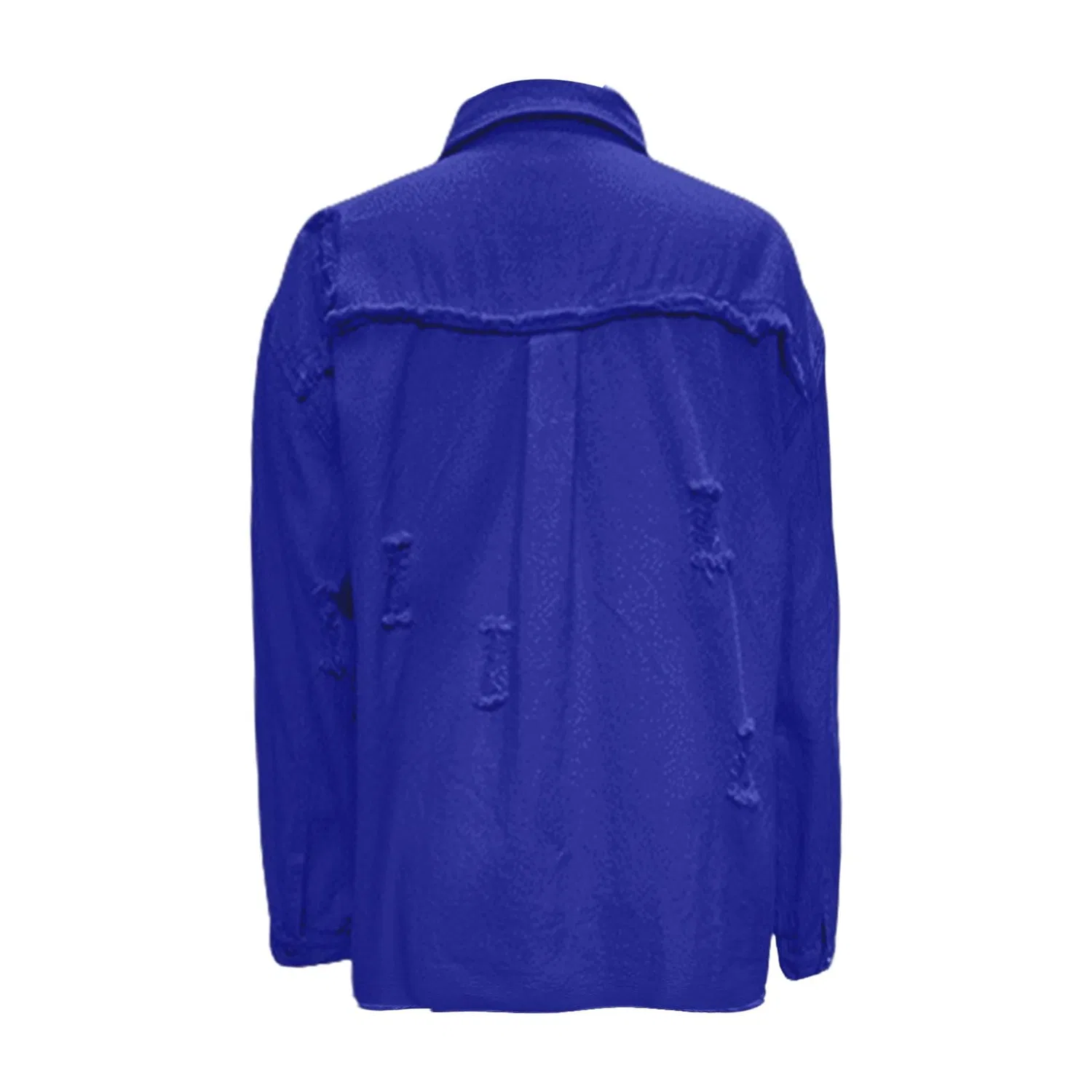 Женская джинсовая куртка с принтом, модель Giacche di jeans da donna alla moda colletto con risvolto button down cappotti in denim invecchiato strappato cowboy abito western manica lunga camicia chambray giacche leggere orlo sfrangiato Jean, Blu — фото 4
