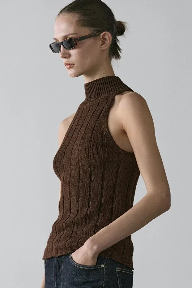 Женский топ-халтер хлопковый без рукавов Massimo Dutti, Chocolate Brown — фото 2