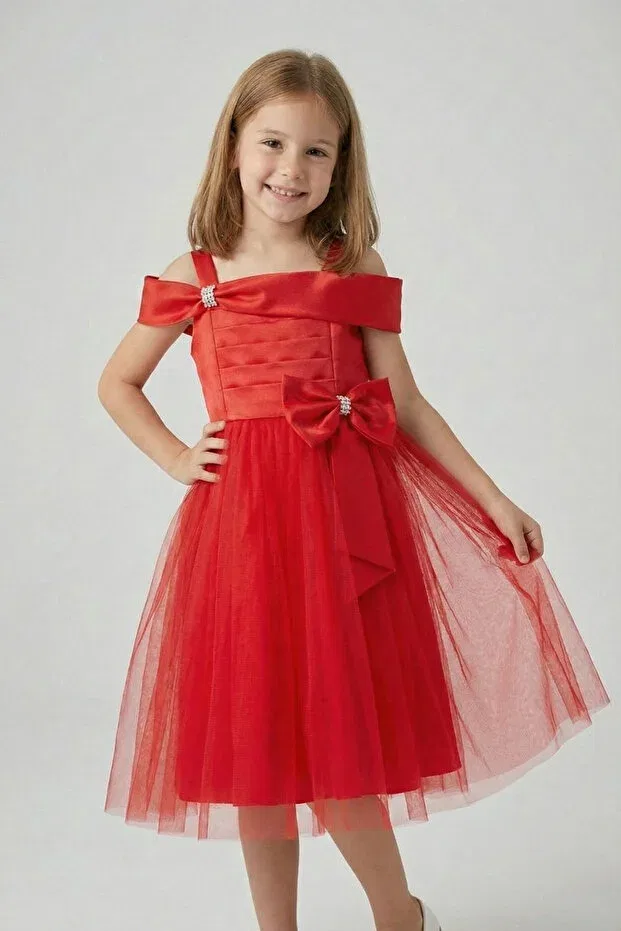 Детское вечернее платье для девочек с принтом, без рукавов, Girl'S Red Satin Tulle Detail Evening Dress With Bow At The Waist, Puffy Model, April 23 Graduation Evening Dress Fatella, Red