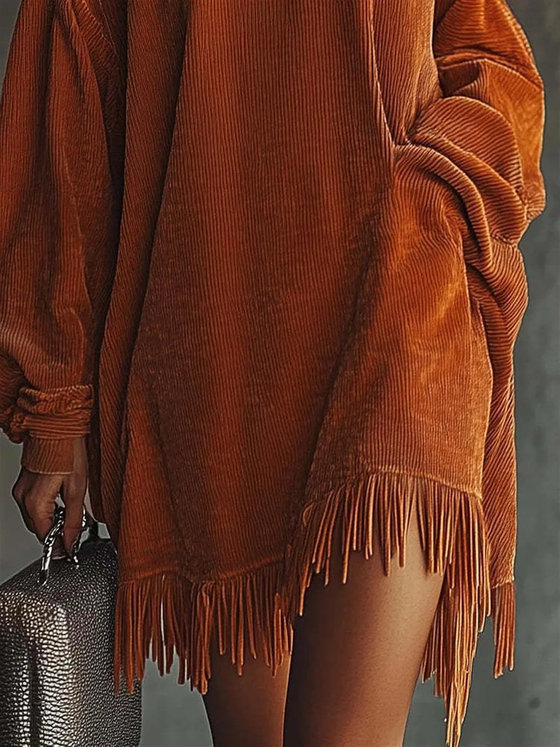 Женское свободное платье-свитер с бахромой Corduroy, Coffee — фото 3