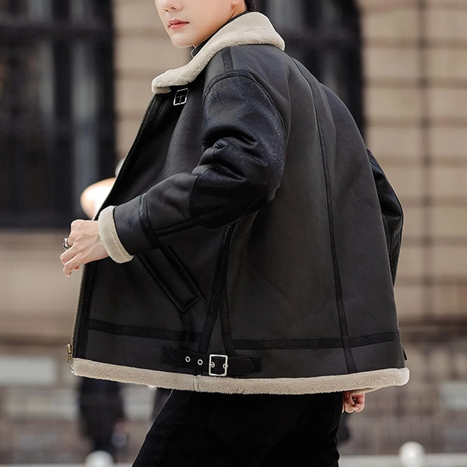 Мужская куртка из экокожи с искусственным мехом, модель Shearling Collar, чёрный — фото 3