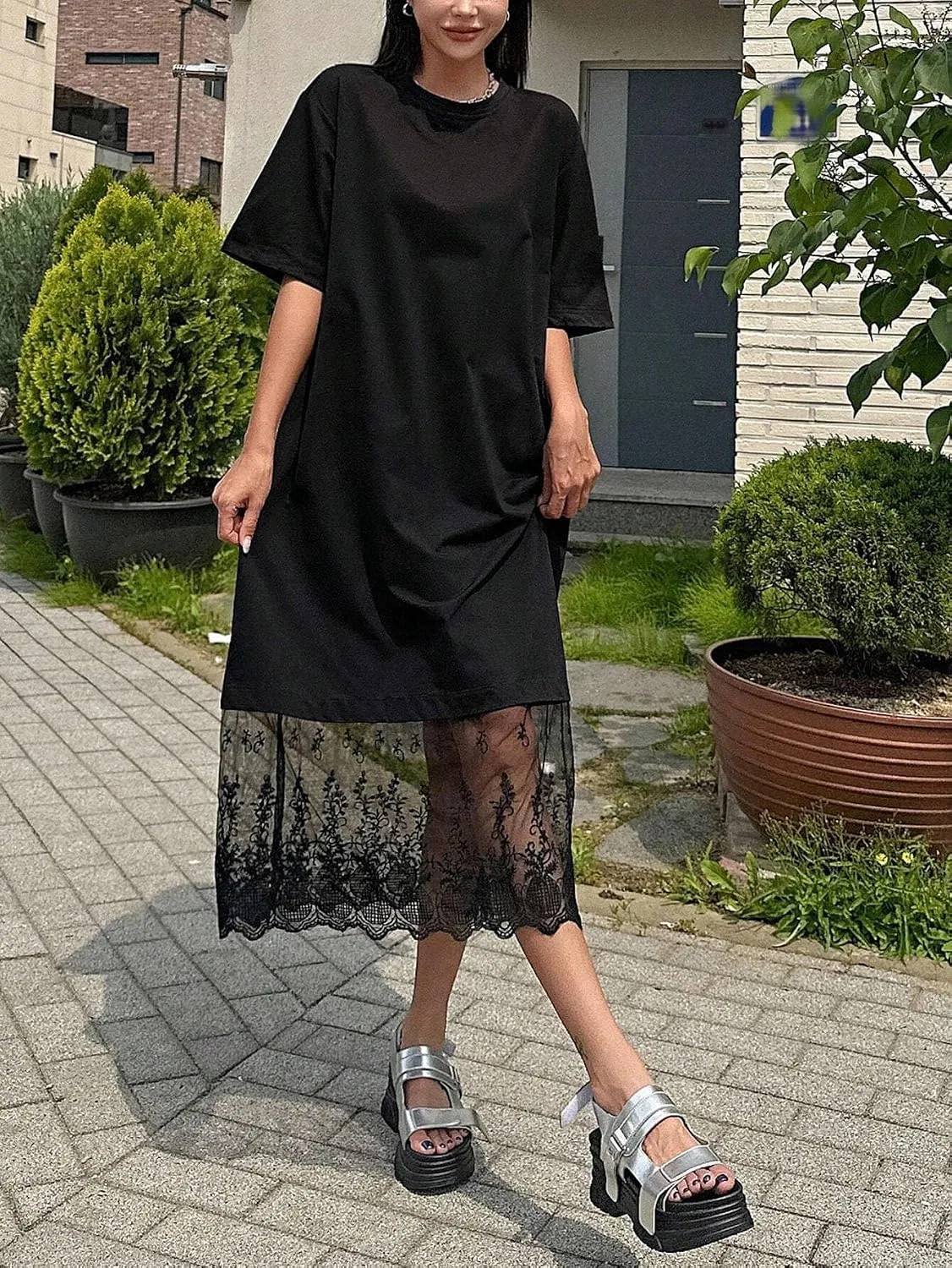 Женское повседневное платье миди с кружевной отделкой, Black — фото 3
