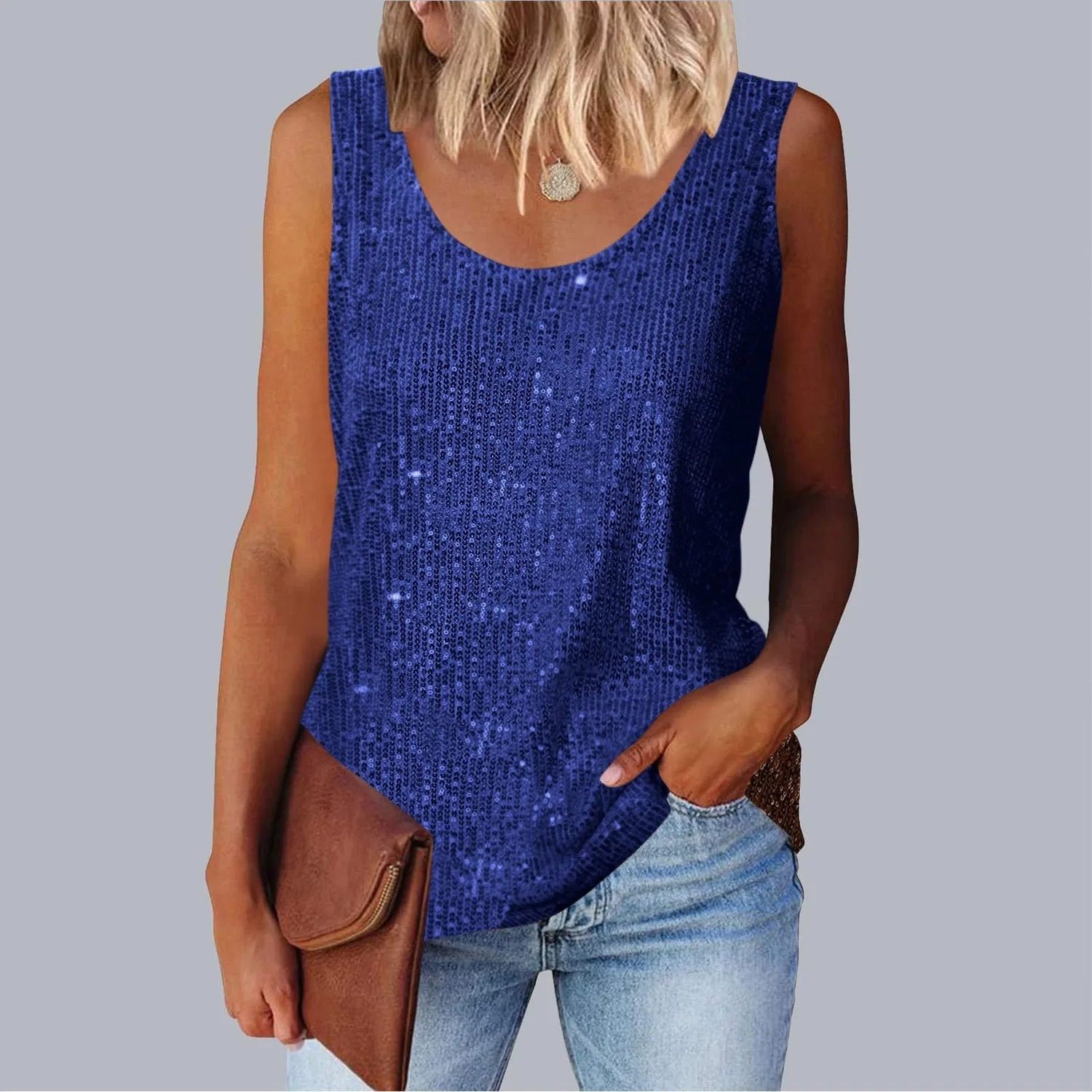 Женская туника без рукавов с блестками Sparkly Elegant Loose Sleeveless Tunic Top, Blue — фото 2