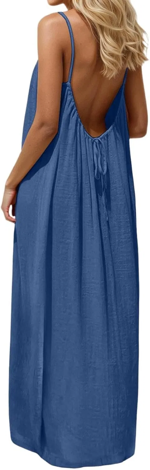 Женское открытое платье макси на тонких бретелях Casual, Navy
