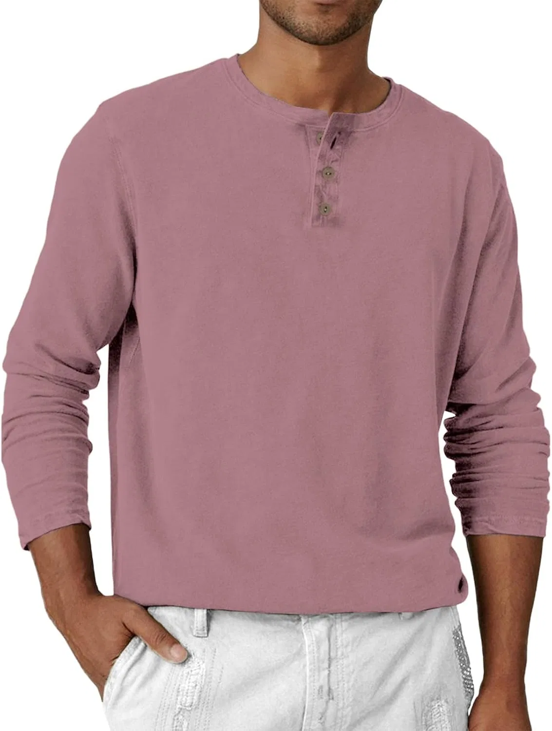 Мужская повседневная футболка с длинным рукавом Henley, Hot Pink — фото 2
