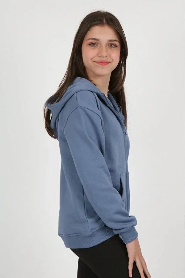 Детский кардиган для девочек с принтом Indigo Girls' Smoked K Hooded Zippered Pocket Low Shoulder Embroidery B Printed Knitted Toontoy, Indigo — фото 4