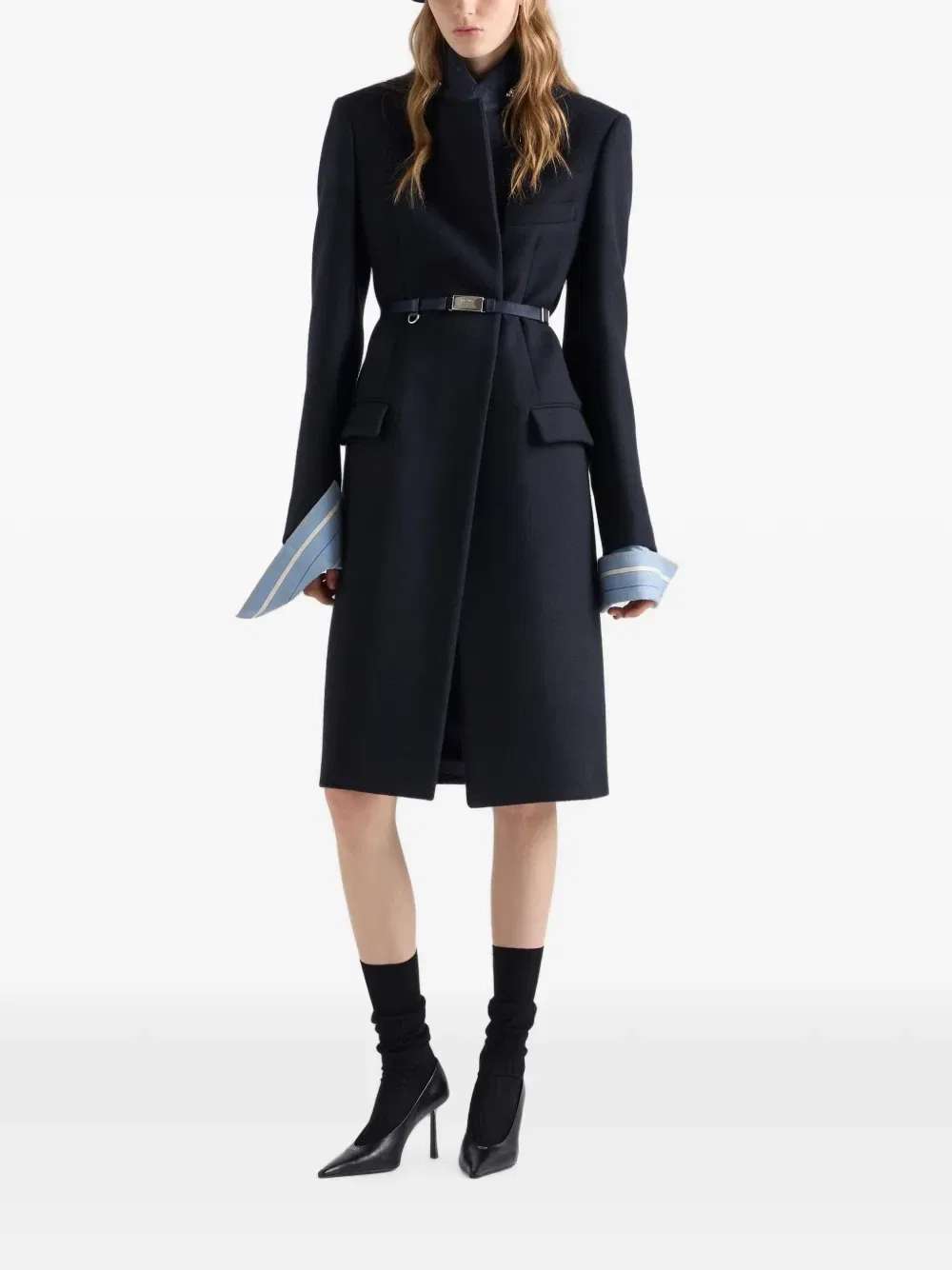 Однобортное пальто из двойной шерсти с вышивкой Prada, синий — фото 2