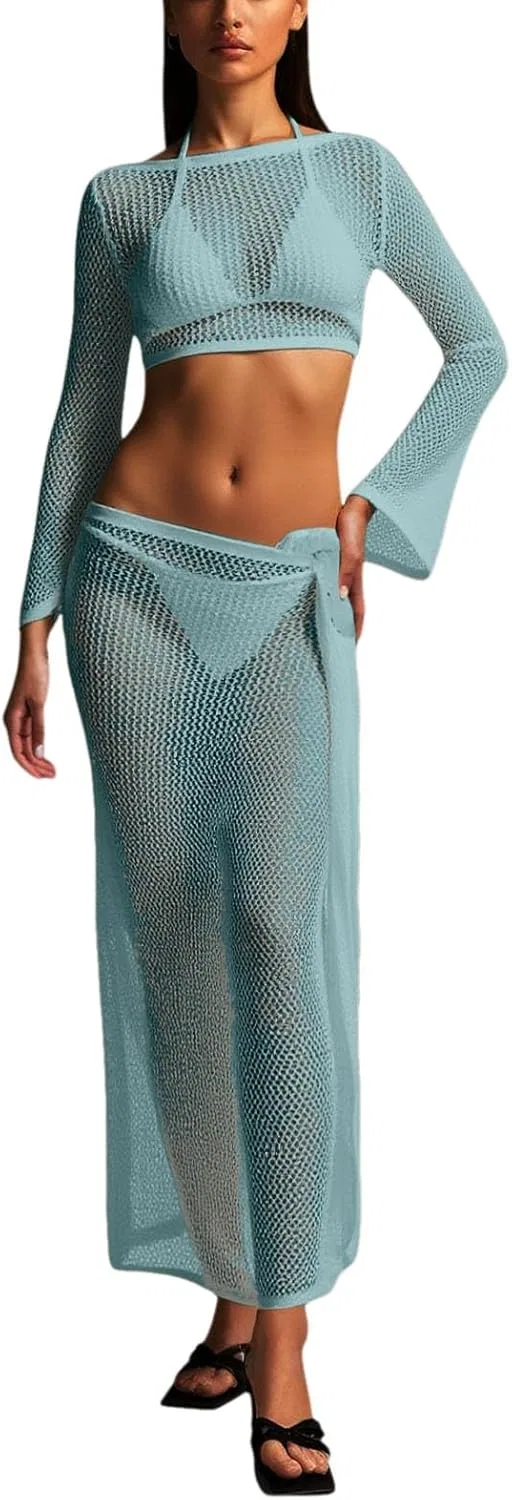 Женский пляжный пэчворк-пончо с ажурным узором Crochet, Light Blue