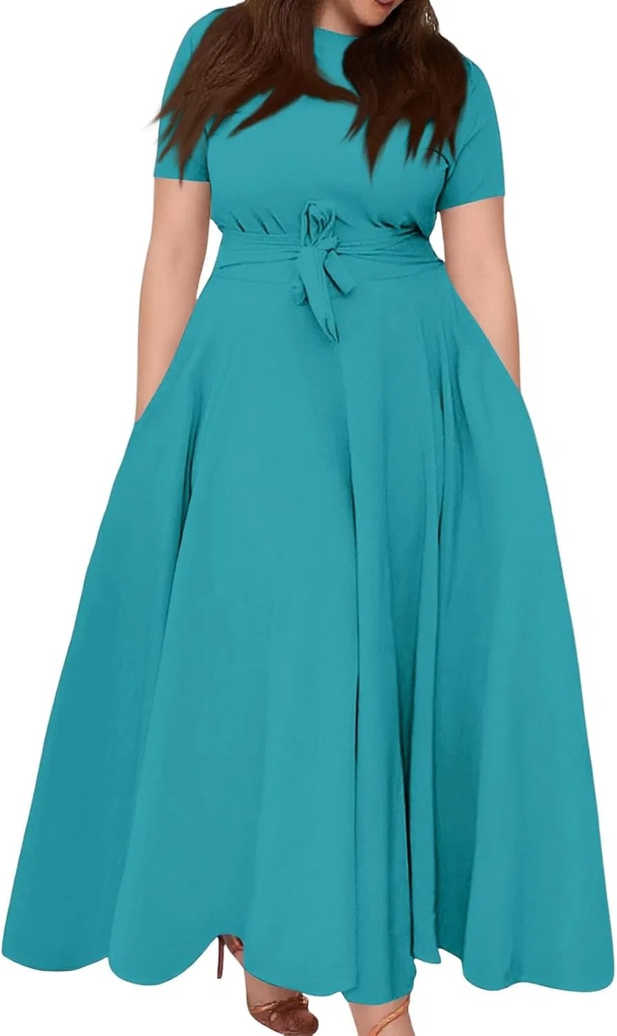 Женское пляжное платье-макси с круглым вырезом и коротким рукавом, Turquoise
