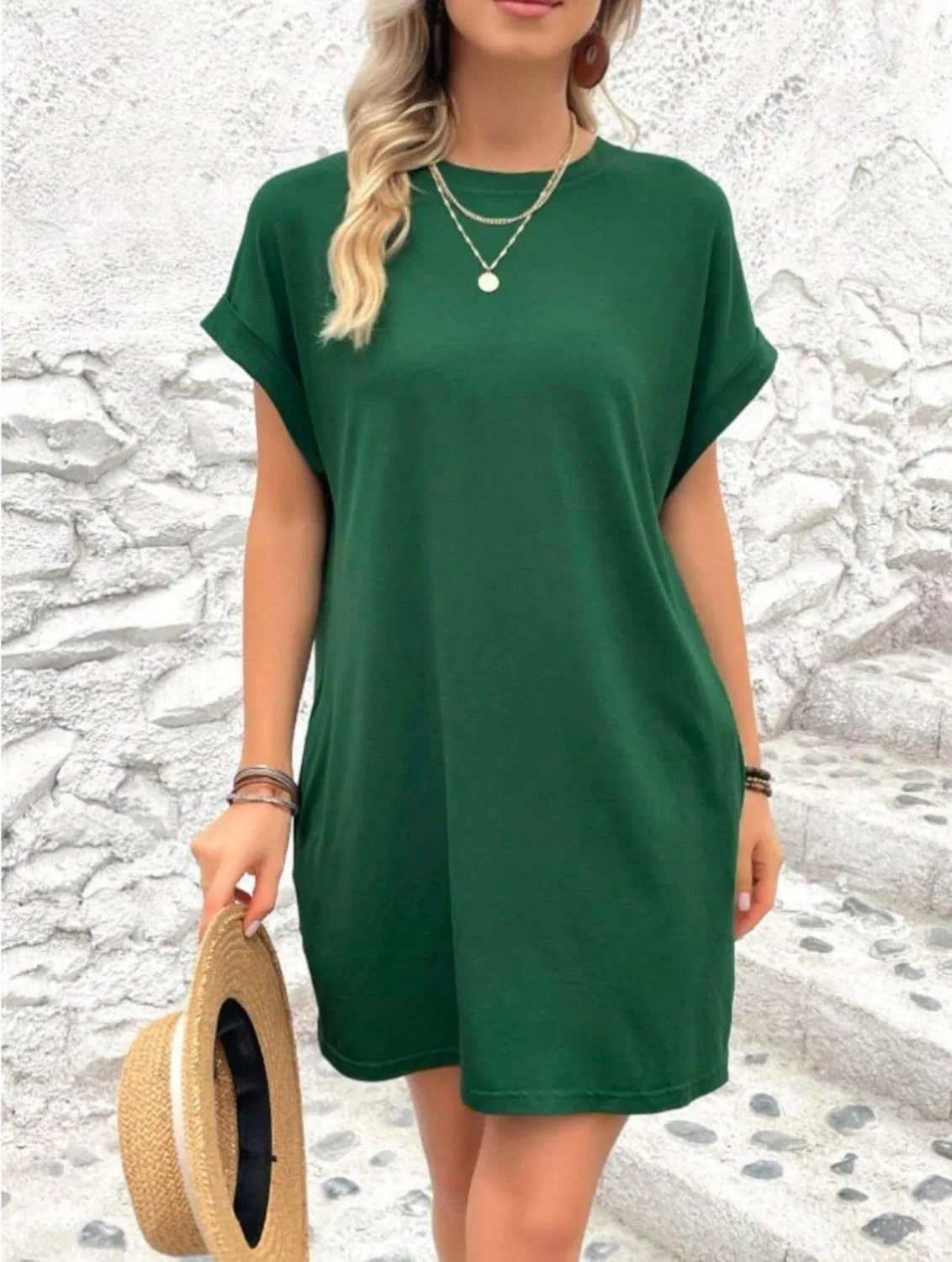 Женское летнее платье-футболка свободное мини, Dark Green — фото 2