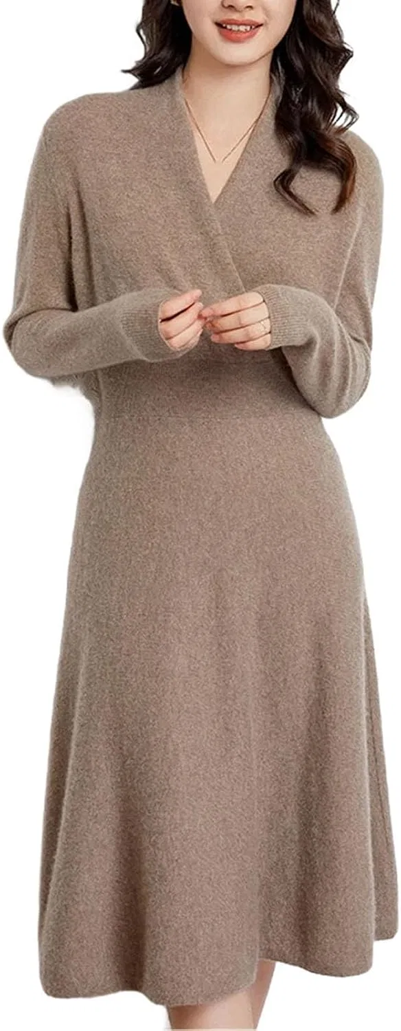 Женское вязаное платье A-силуэта из кашемира с V-образным вырезом, Camel