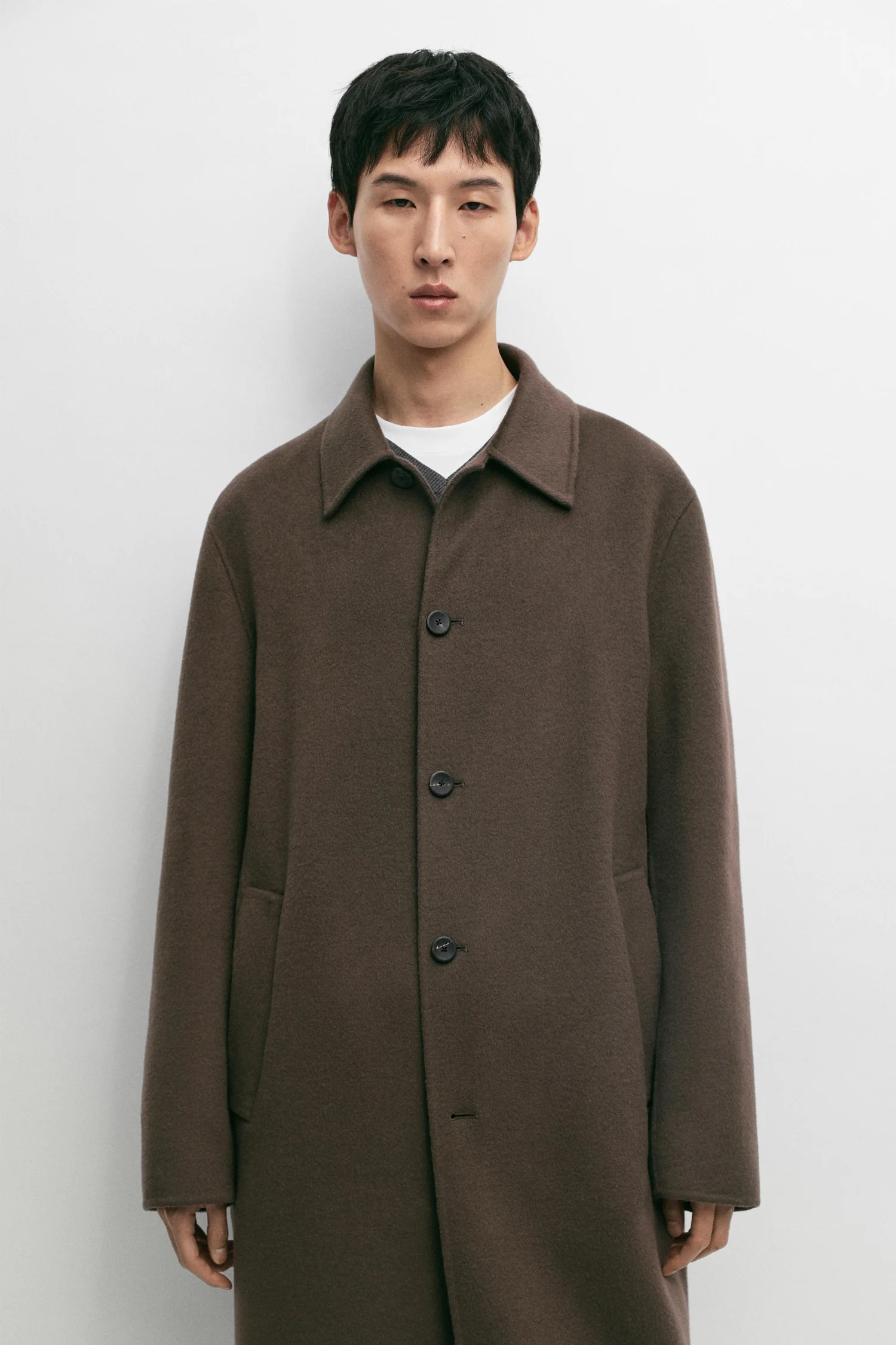 Пальто Massimo Dutti Long Wool Blend, темный хаки — фото 4