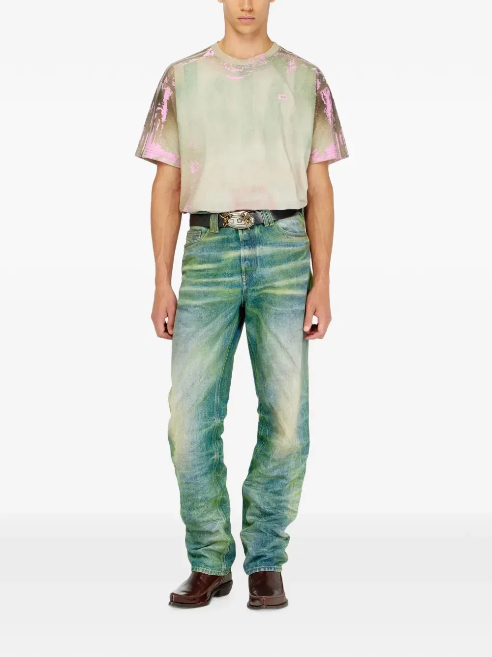 Футболка из джерси с эффектом мятой кожи DIESEL, бежевый — фото 2