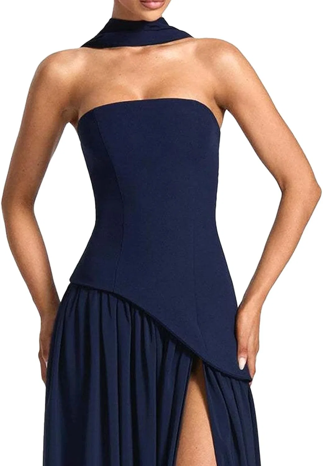 Женское вечернее платье из атласа с запахом, модель Elegant Satin Halter Gown, синий — фото 4