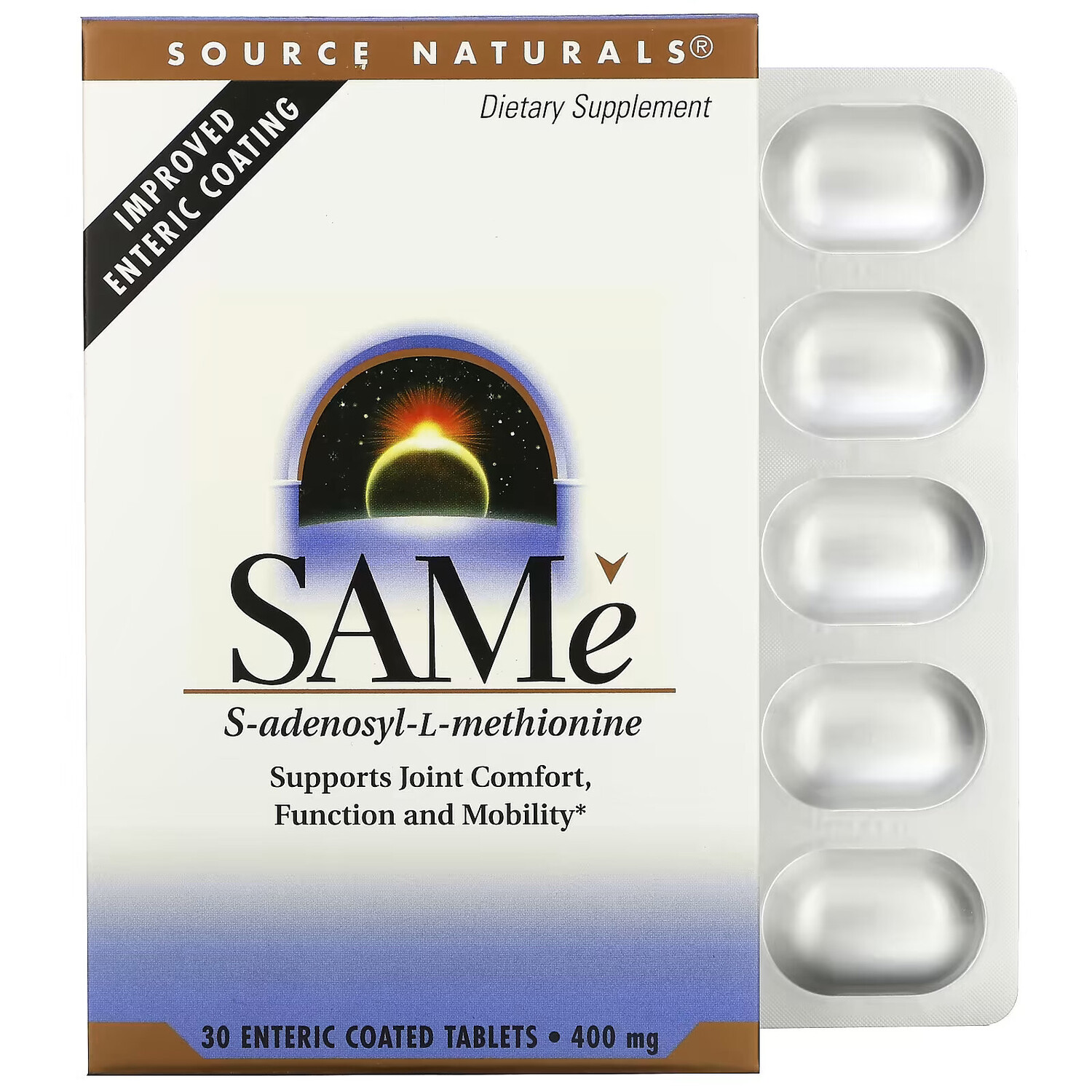 

Source Naturals SAMe (дисульфат тозилат) 400 мг, 30 таблеток покрытых кишечнорастворимой оболочкой