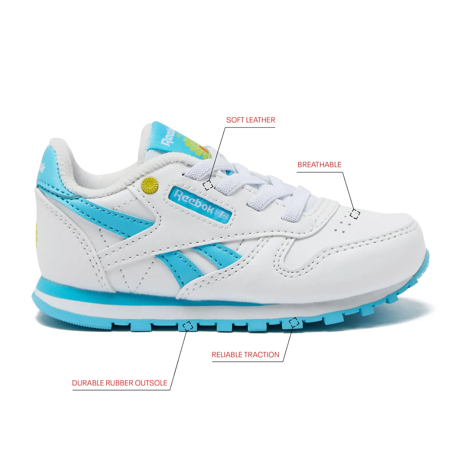 Детские кроссовки для девочек и мальчиков с кожаным верхом Classic Leather Reebok, Child White Blue Digital Yellow Electric — фото 2