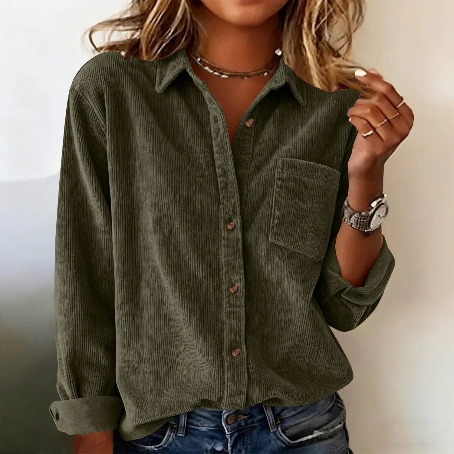 Женская куртка из вельвета в рубчик с длинным рукавом, модель Vintage Oversize, Verde militare 1 — фото 3