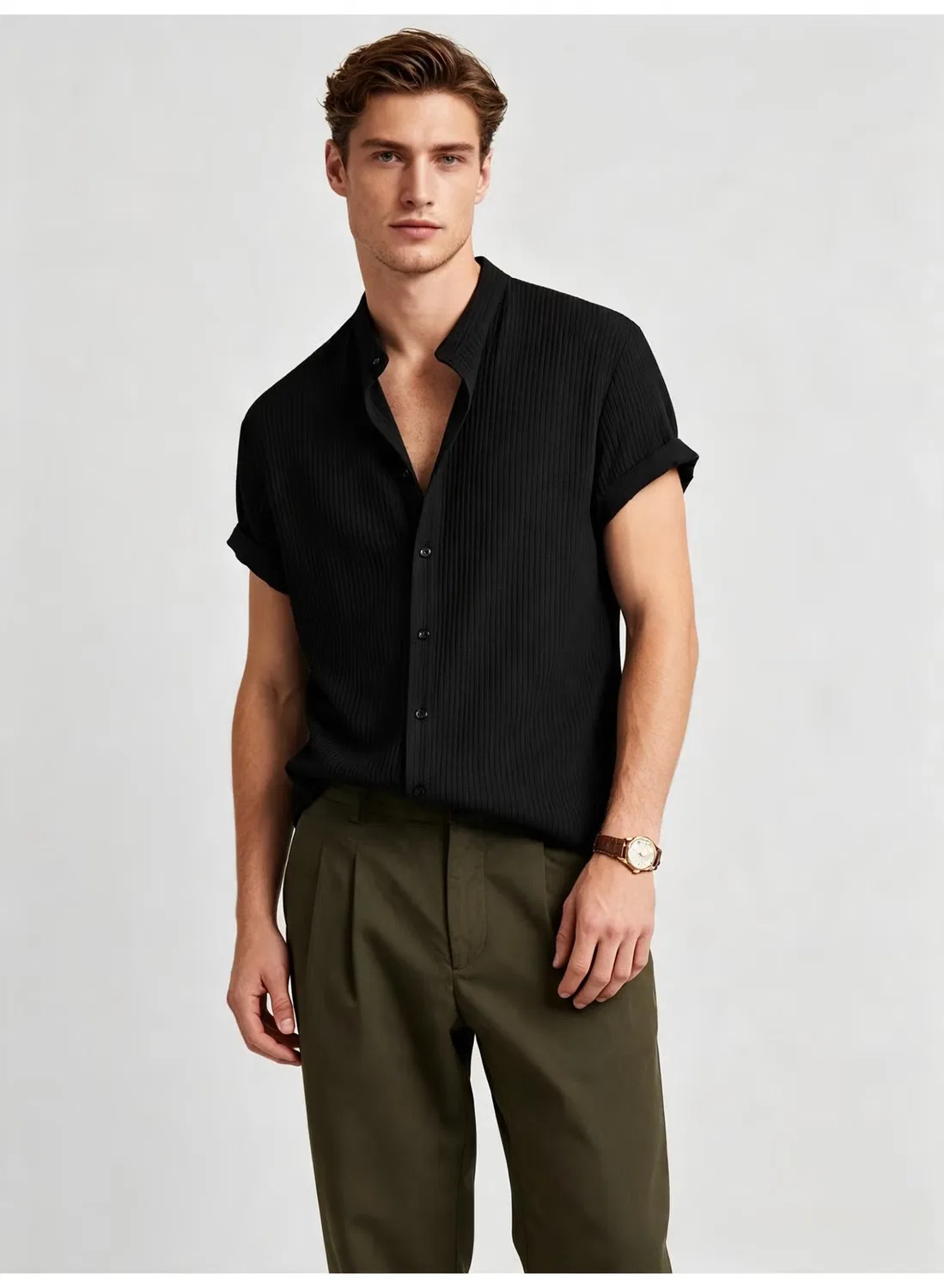 Рубашка с коротким рукавом и воротником-стойкой Zara, черный — фото 4