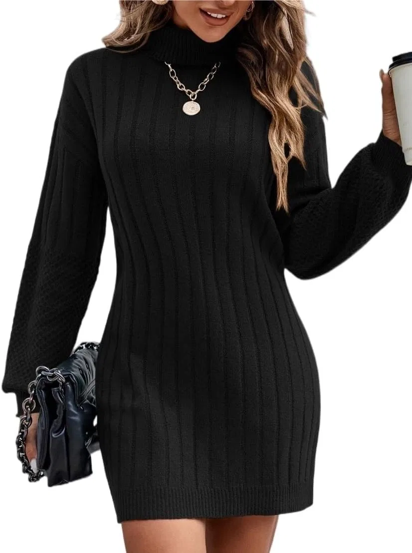 Женское повседневное платье-свитер с высоким воротом Casual Fall, Black