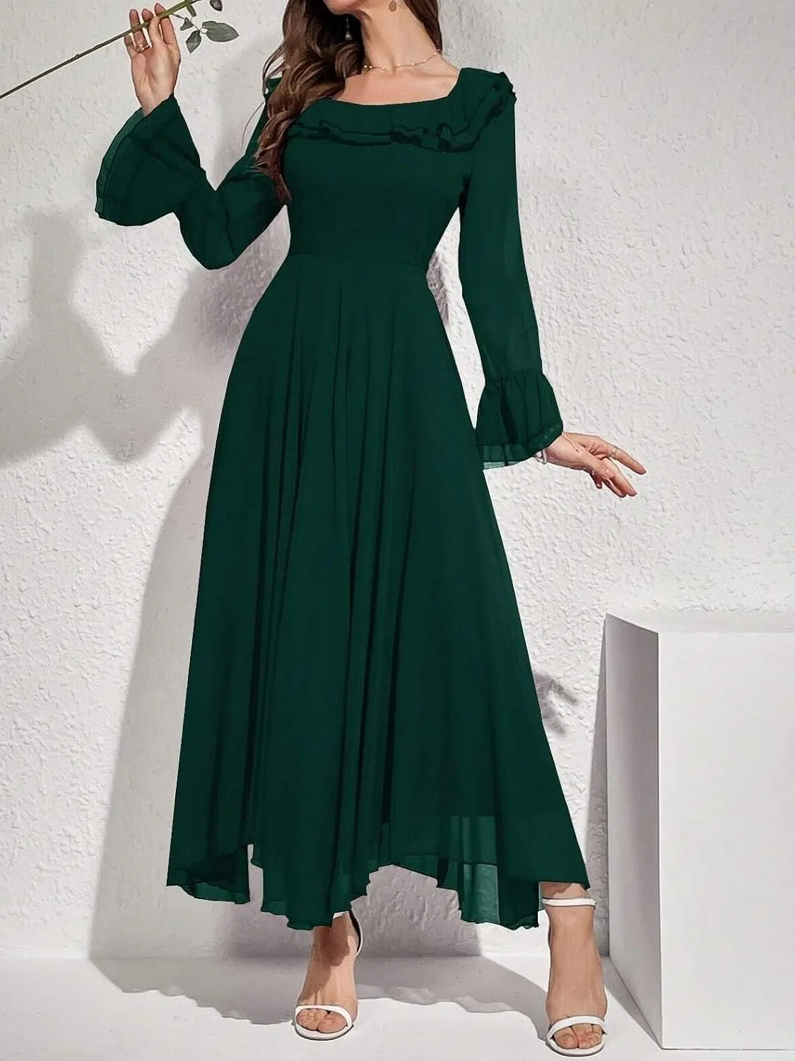 Женское длинное платье A-силуэта с длинным рукавом Generic, Dark Green — фото 4