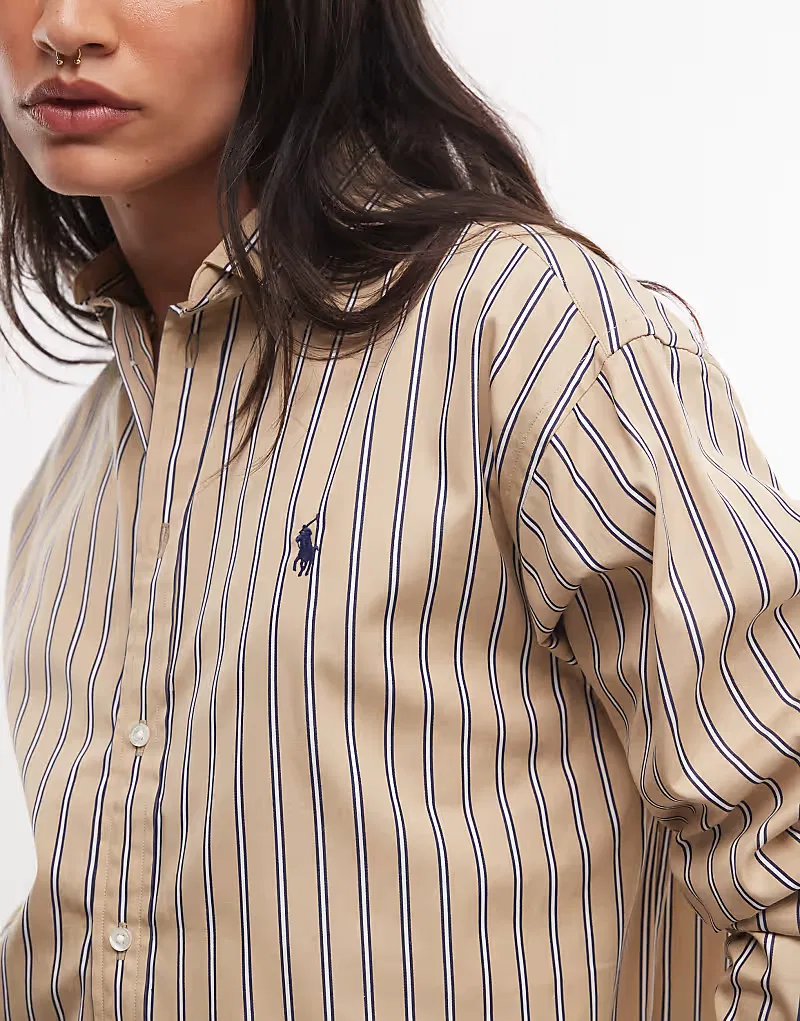 Хлопковая рубашка Polo Ralph Lauren свободного кроя в полоску, бежевый — фото 3