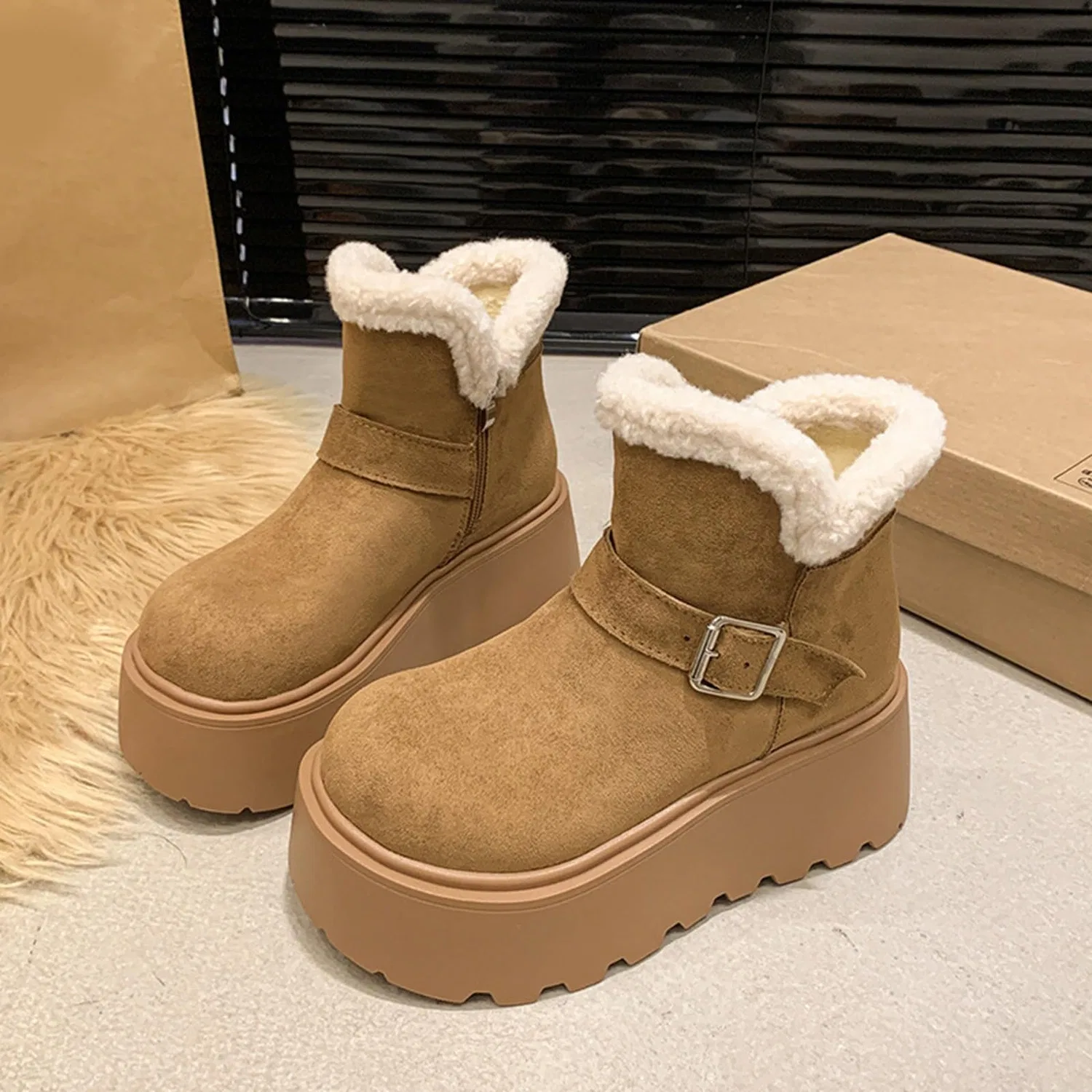 Детские зимние ботинки для девочек с платформой EODJXIO, Dark Khaki — фото 4