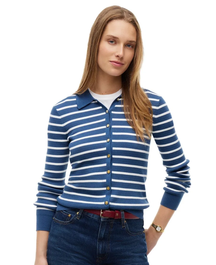 Кардиган женский с поло-воротником, с длинным рукавом Tommy Hilfiger, Breton Stripe Aegean Sea Ecru