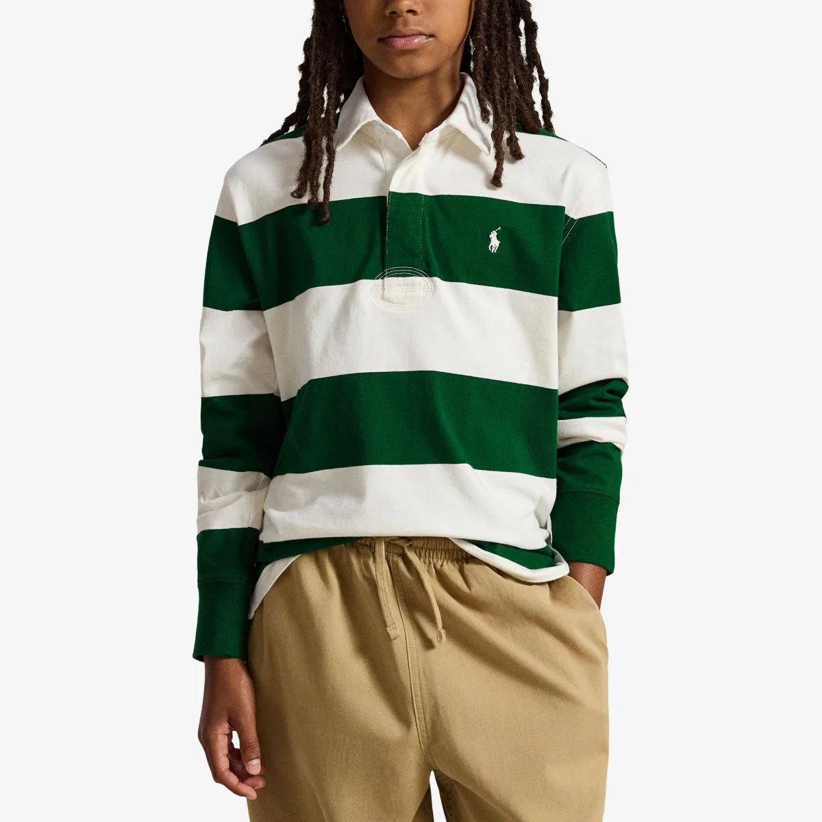 Полосатая хлопковая регбийная рубашка для мальчиков Polo Ralph Lauren, зеленый — фото 3