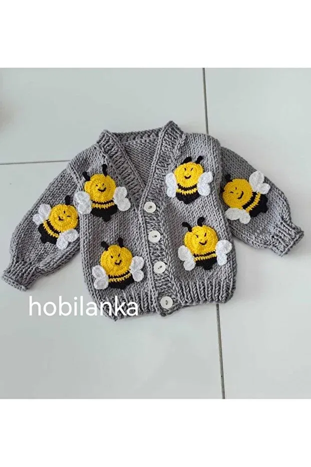 Детский кардиган с V-образным вырезом Baby cardigan hand-knitted baby cardigans Hobilanka, Gray