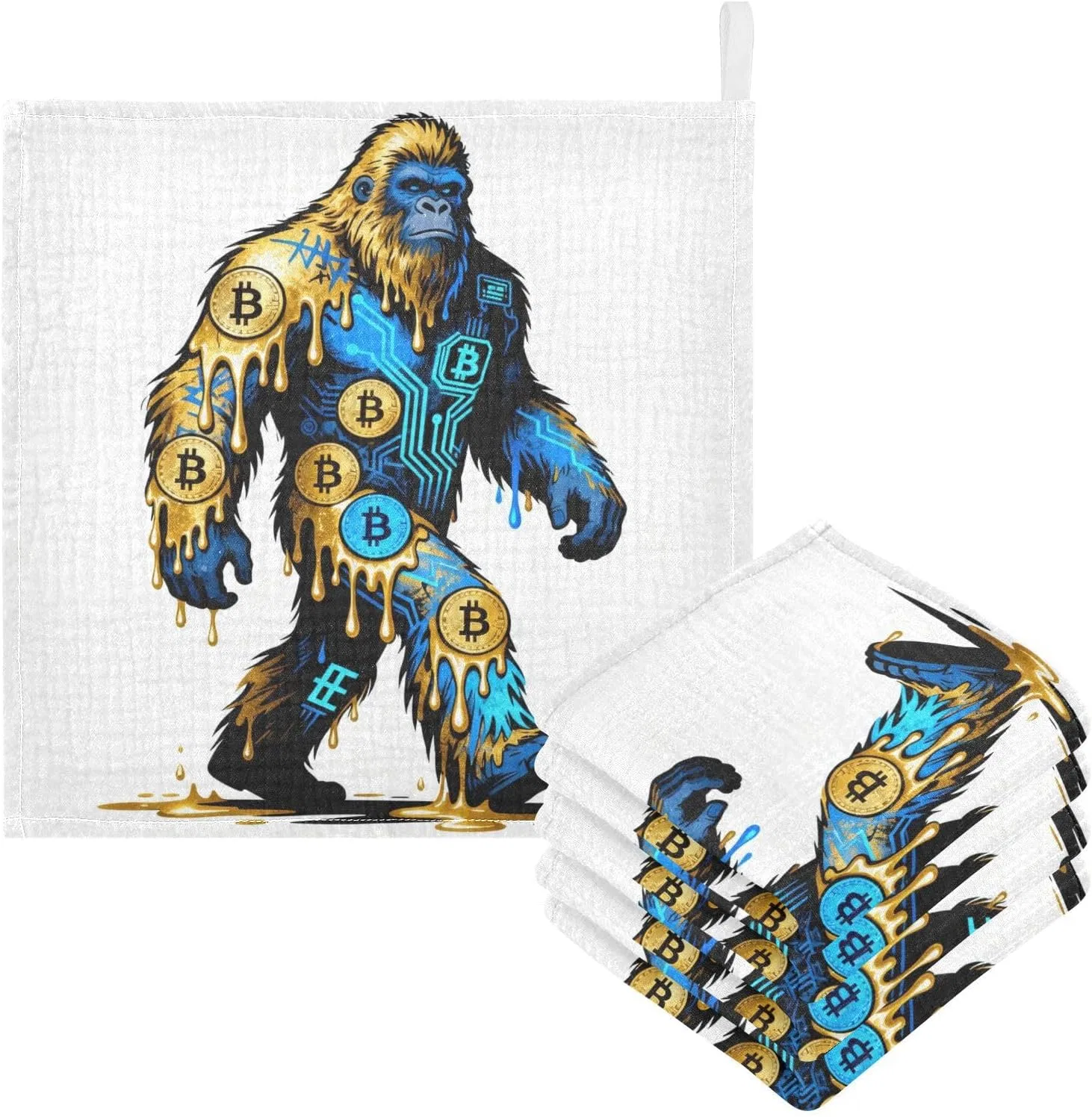 Мочалки для лица из муслина, GuoChe, набор 5 шт, 30x30 см, Bitcoin Gorilla Artistic — фото 3