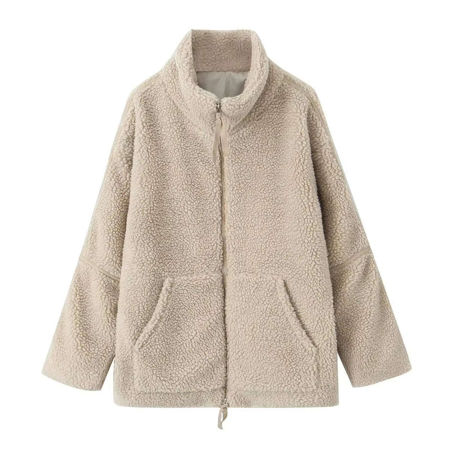 Женская куртка из вельвета тэдди с молнией и воротником-стойкой Beige, beige — фото 4