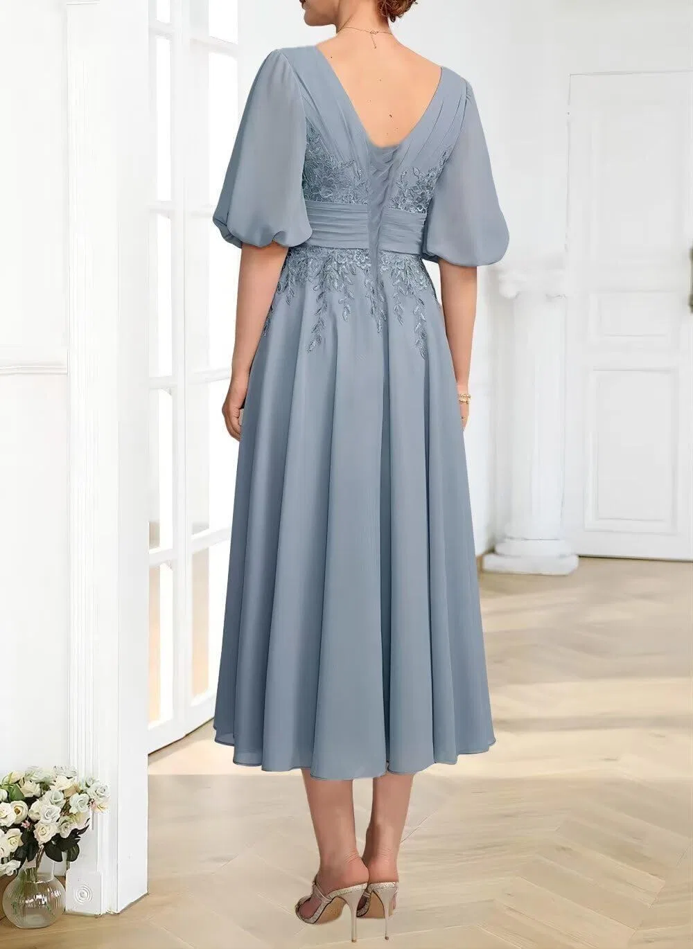 Женское платье с кружевными аппликациями Tea Length MJ70, Champagne — фото 4