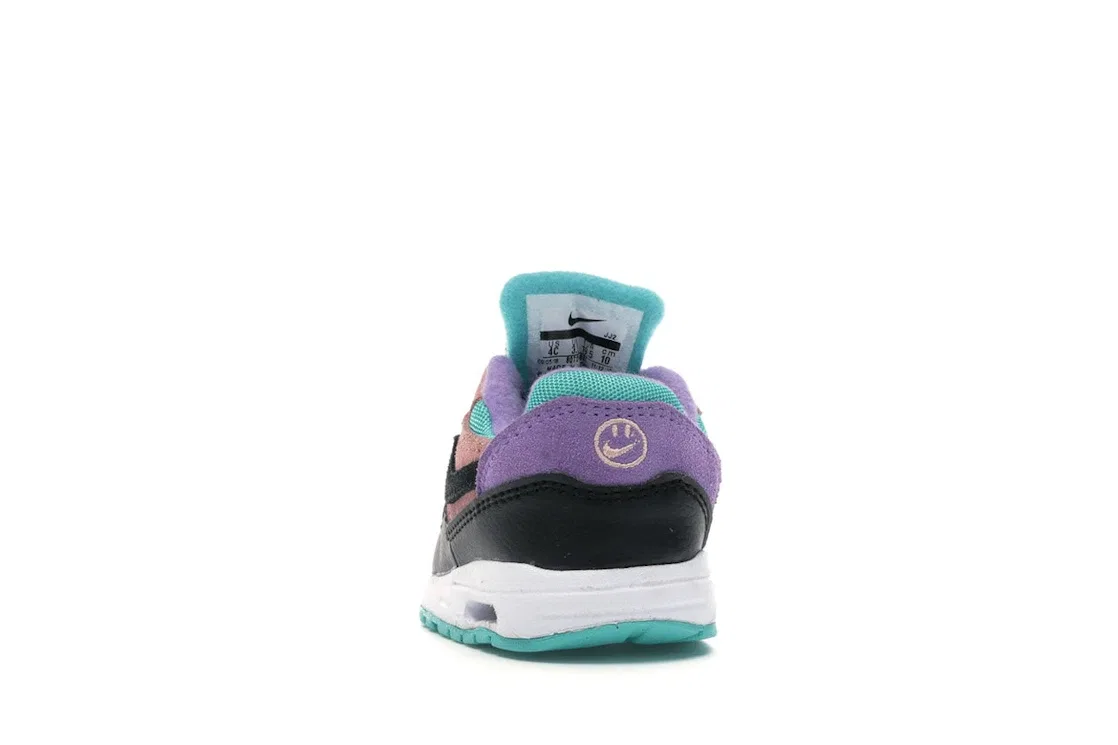 Детские кроссовки с ярким дизайном Nike Air Max 1 Have a Nike Day, цвет Black/White-Space Purple-Bleached Coral-Hyper Jade — фото 4