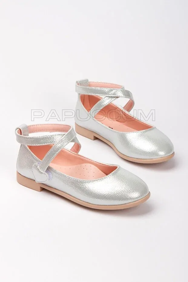 Детские балетки для девочек с липучкой P Papuccum Ortopedi Çocuk Ayakkabıları, Silver