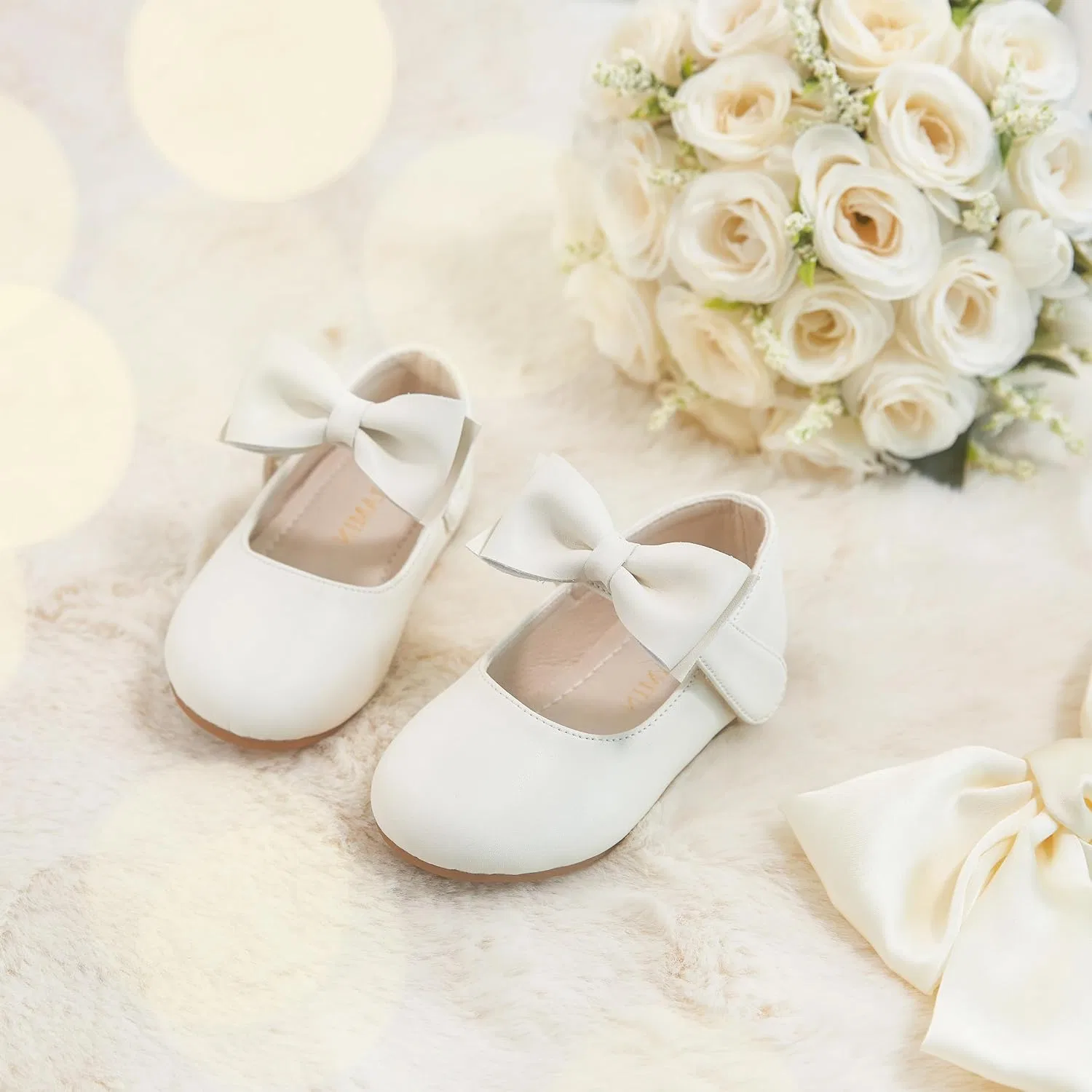 Детские туфли Мэри Джейн для девочек PHIRAMIN, Fashionable Bowknot Ivory White — фото 3