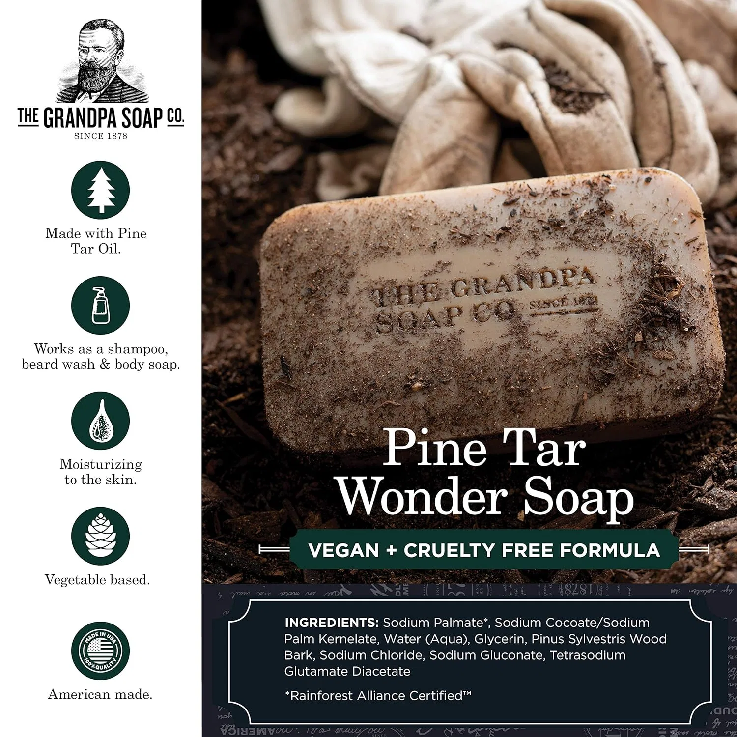 Твердое мыло Pine Tar Soap, The Grandpa Soap Company, 3 шт, 4.25 oz — фото 2
