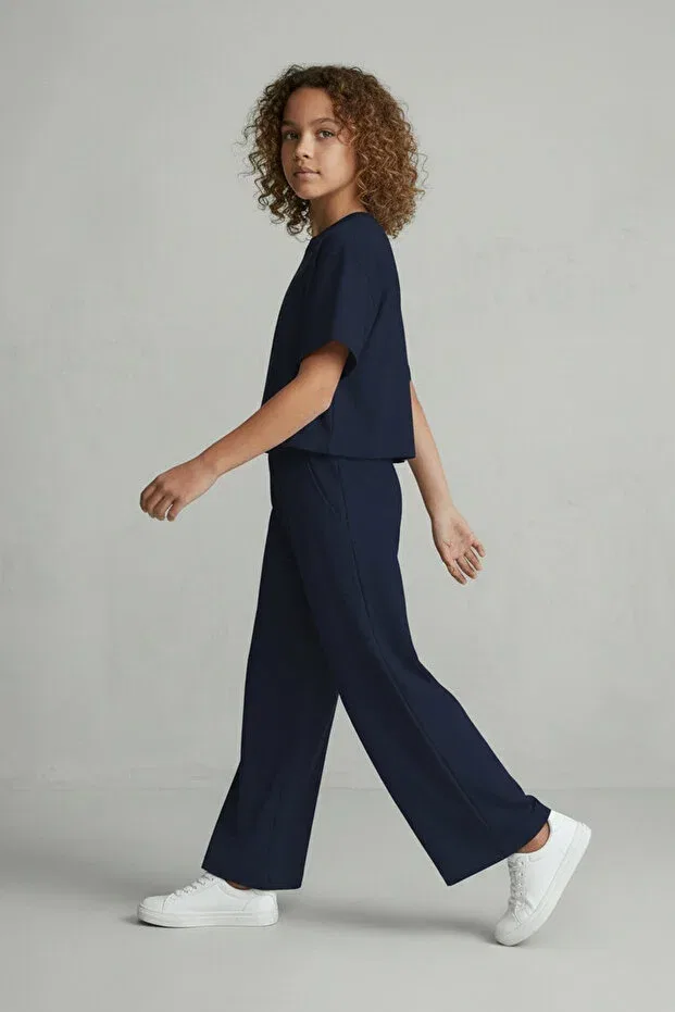 Детские брюки для девочек с принтом Lumy combed cotton girls' wide-leg summer trousers Colorinas, Navy Blue — фото 4
