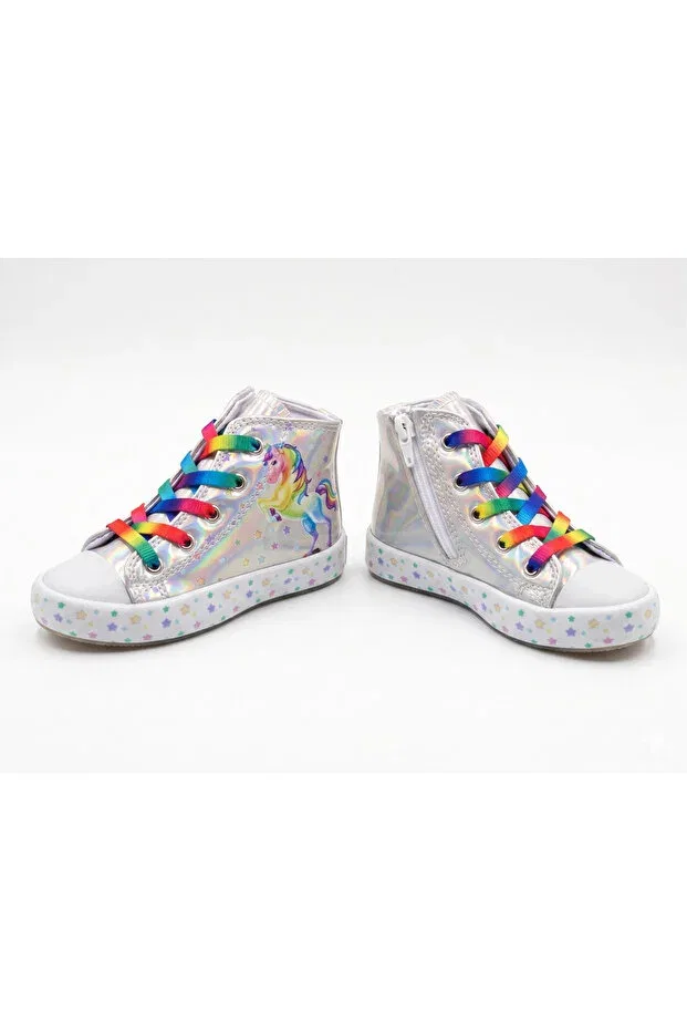 Детские кроссовки для девочек с подсветкой Unicorn patterned rainbow lace-up lighted Papuctime, White — фото 4