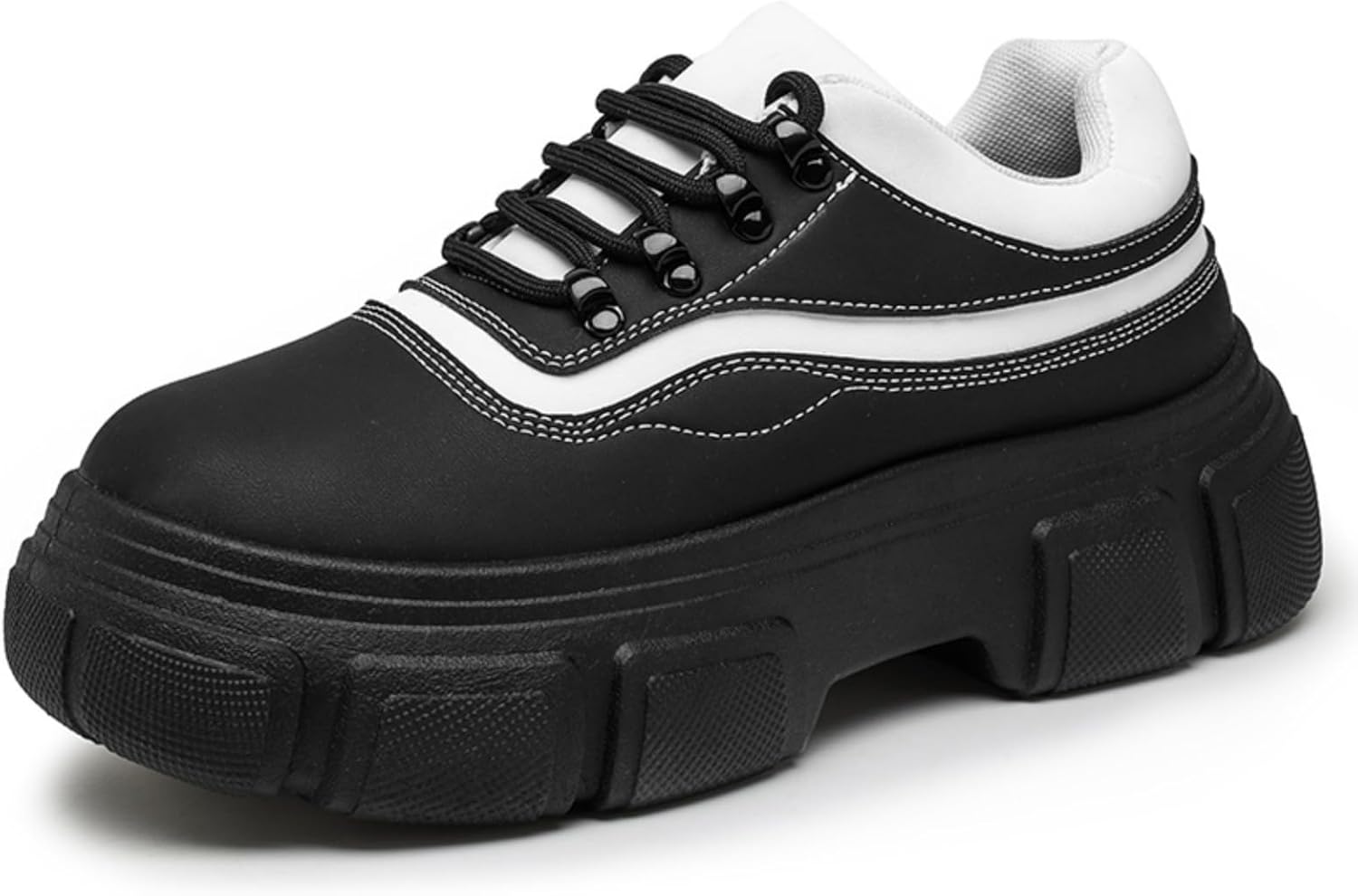 

Мужские кожаные туфли с массивной подошвой на шнуровке - черно-белые повседневные кроссовки с аккуратной строчкой и текстурированной резиновой платформой для комфортного городского стиля Kelibasi