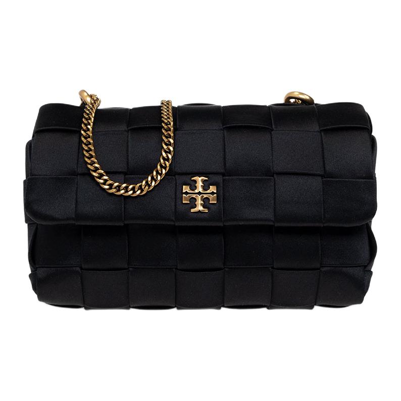 

Кира атласная с кожаной деталью портативная сумка кроссбоди, мини плечевая сумка женская черная TORY BURCH